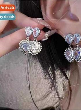 Yong double love heart zirconia earrings versatile simple sw