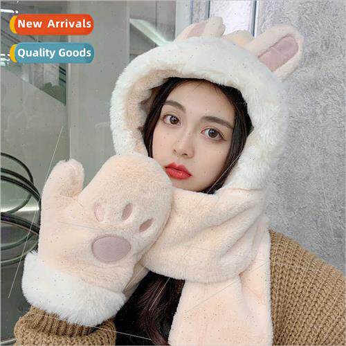 Bear hat fall winter female scarf gloves all-in-one hooded w