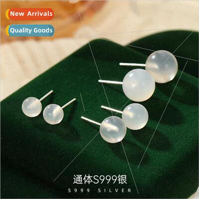 S999 silver whe agate round bead earrings female cool simple