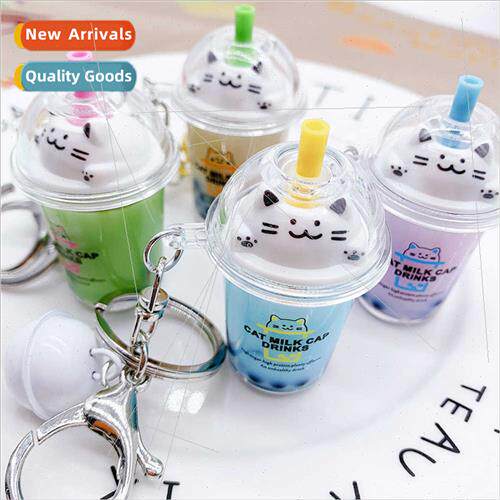Creative pearl cat milk tea cup cover keychain pendant girls