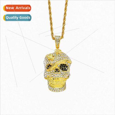 Europe hip-hop full diamond skull coiled snake pendant neckl