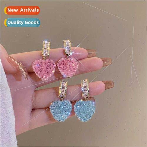 2023 summer new full diamond ins peach heart earrings cute e