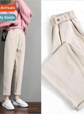 Women Woolen Pants Autumn Winter 2021 New Casual Solid Elast