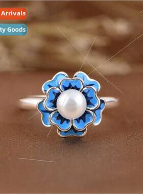 Pearl flower ring vintage cloisonné lerary female blue smal
