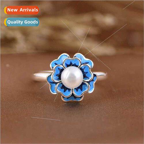 Pearl flower ring vintage cloisonné lerary female blue smal