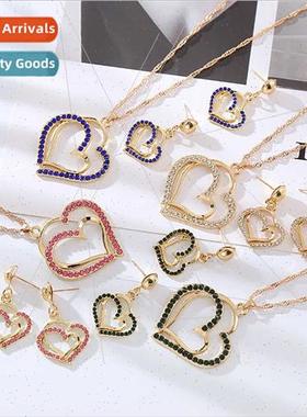 New set double love heart peach heart-shaped earrings neckla
