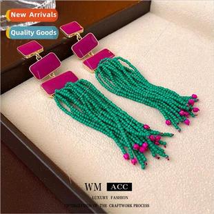 drop rice earrings needle Europe tassel oil long lver beads