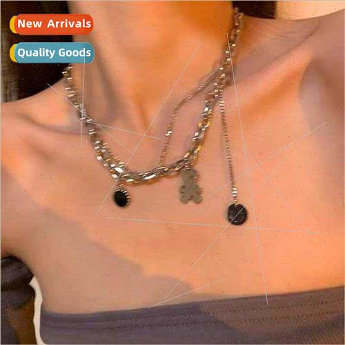 ins double layer cute bear necklace women hip hop smiley pen