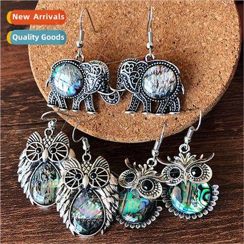 Europe retro Mori owl animal colorful shell earrings earring