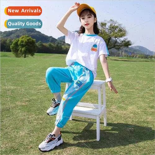 Summer new girls cotton short-sleeved long pants set in smal