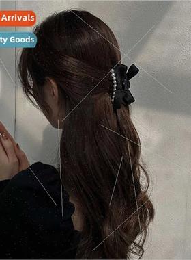 French Hepburn black pearl bow catch clip hair clip shark cl