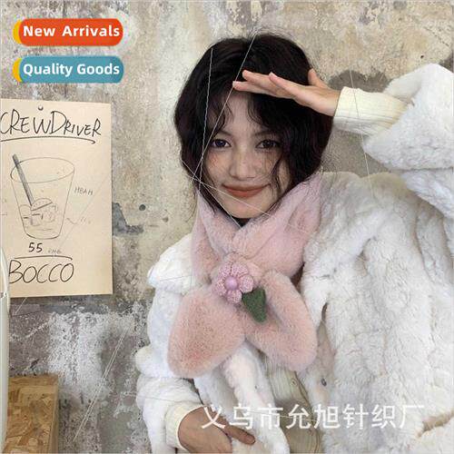 Plush Scarf Winter Cute Warm Faux Rabb Hair Small Flower Flo