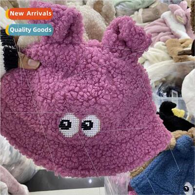 Cute big eyes embroidery lamb wool velvet fisherman hat chil