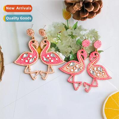 Jewellery pink flamingo earrings rice beads micro-set diamon