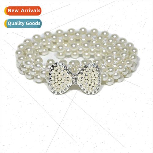 Women inlaid elastic waist chain sweet bow pearl thin belt
