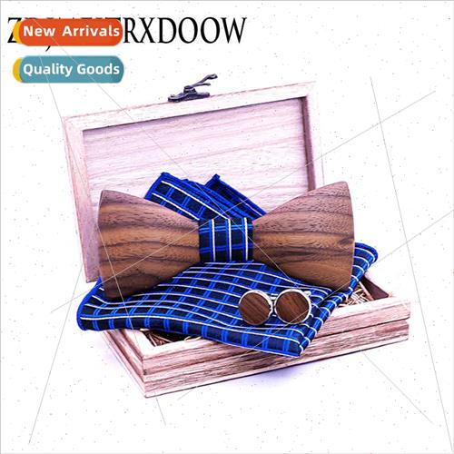3D Geometric Embossed Black Walnut Bow Tie Set Plaid  Fashio