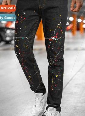 Men jeans 2021 spring new casual printing washed old holes S