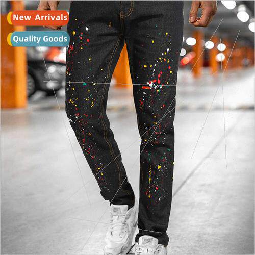 Men jeans 2021 spring new casual printing washed old holes S