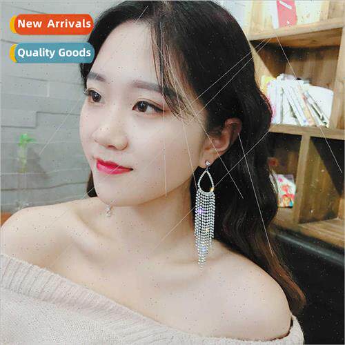 Water drop long tassel flash diamond earrings female Koreahu