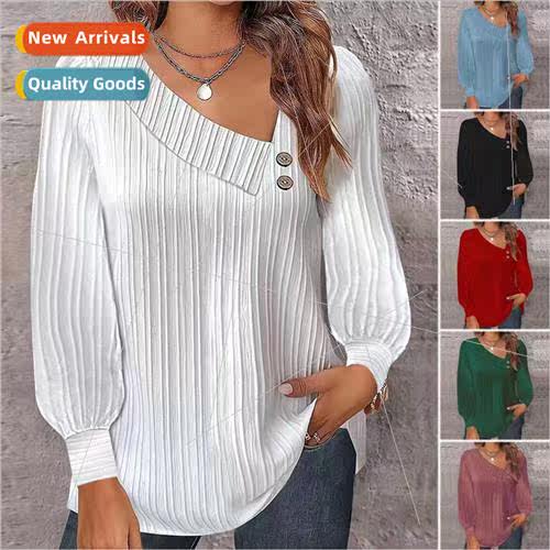 2023 Autumn simple v-neck buttons solid color hundred-sleeve