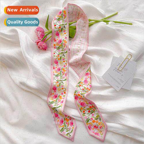2023 French ambiance pink floral small silk scarf women hair