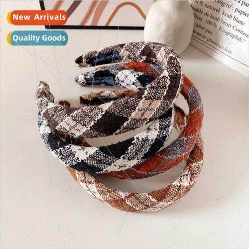 French wide edge retro plaid hair bands 适用women wash face