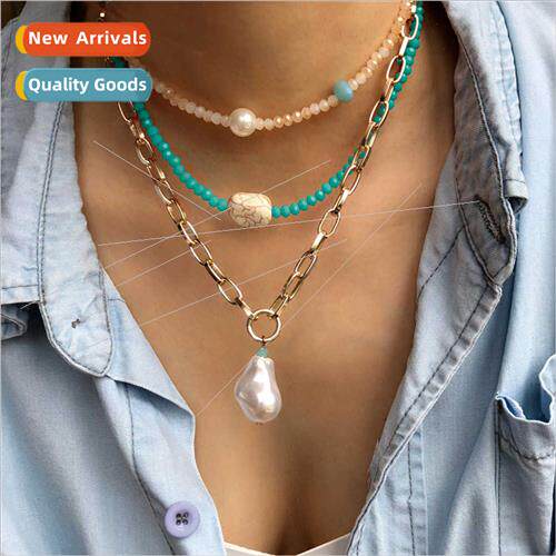 Europe crystal beaded multi-layer necklace turquoise pearl p