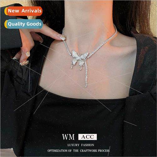 Diamonds metal butterfly tassel necklace ins niche collarbon