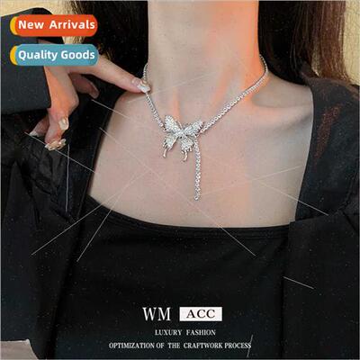 Diamonds metal butterfly tassel necklace ins niche collarbon