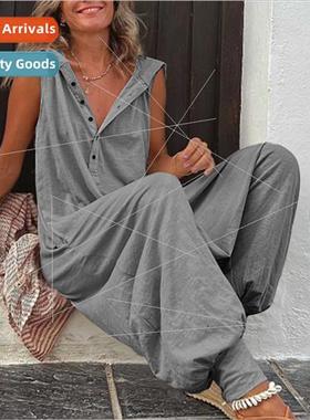 2023 Women Button Up Hooded Sleeveless Pants Jumpsu Collapsi