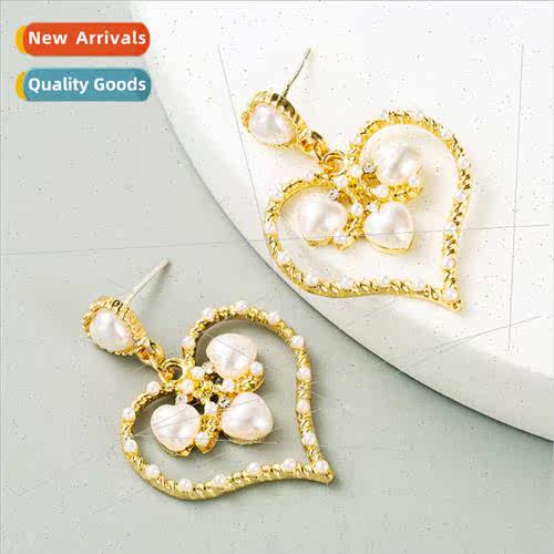 Europe fashion gold heart-shaped earrings female alloy inlai
