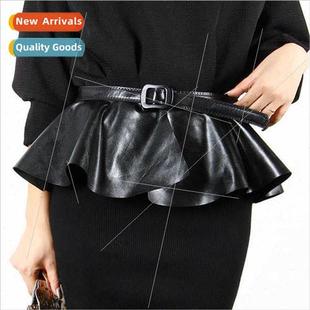 Europe ruffled waistband black leather skirt belt women skir