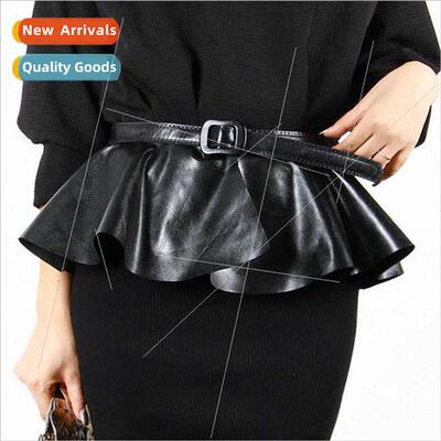 Europe ruffled waistband black leather skirt belt women skir