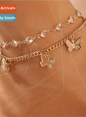 Europe foot jewelry double rhinestone butterfly pendant simp