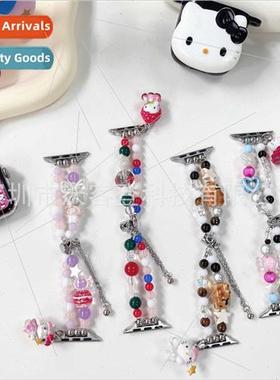 适用apple cartoon kitty beads metal watch bapple watch8/SE/7