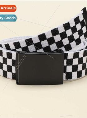 Black whe plaid canvas belt unisex  large buckle summer deco