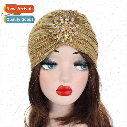 New noble gold pleated Indian cap turban hat wh gold brooch