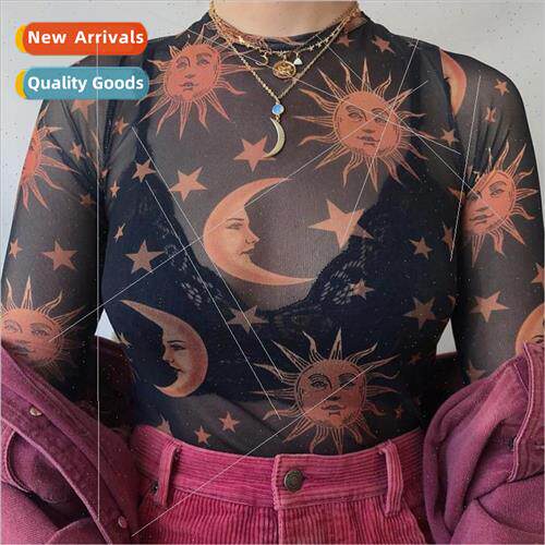 Sun Moon Printed Transparent Mesh Sexy T-Shirt Women O-Neck
