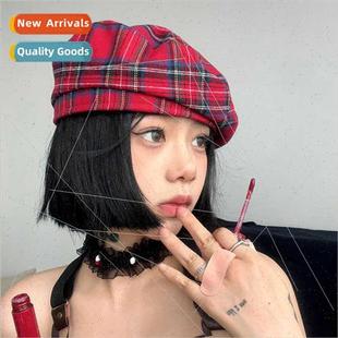 plaid sweet hundred red hat Korean wind cool girls Brish