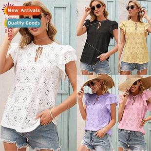 2023summer blouse women t shirt 欧美t恤女镂空系带衬衫ins上衣