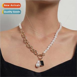 Europe Black Gemstone Pendant Necklace Irregular Pearl Splic