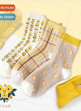 Yellow socks women fall winter cotton mid-calf socks thicken