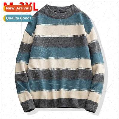 Striped casual round neck sweater men spring fall loose pull