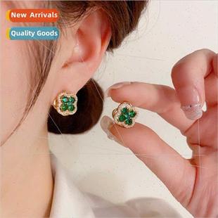 zirconia four leaf Vintage spinning green flower earri niche