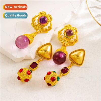 S925 silver pin bohemian triangular antique gold resin color