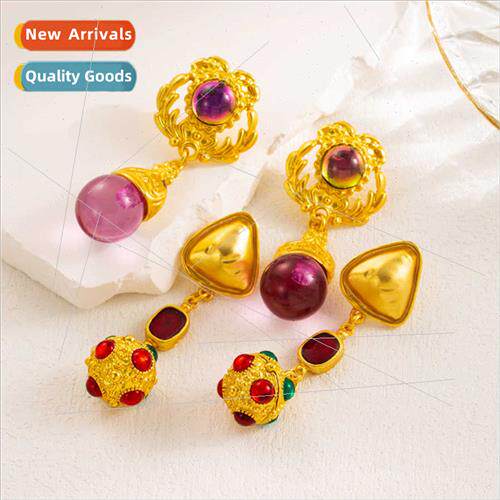S925 silver pin bohemian triangular antique gold resin color