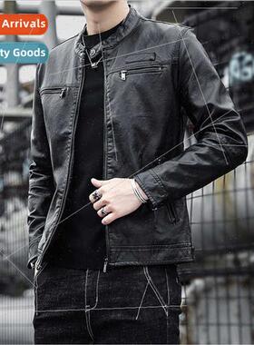 Spring Autumn men motorcycle leather jacket button collar ja