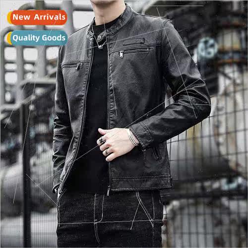 Spring Autumn men motorcycle leather jacket button collar ja