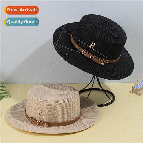 metal R letters leather strapped straw hat female casual fas