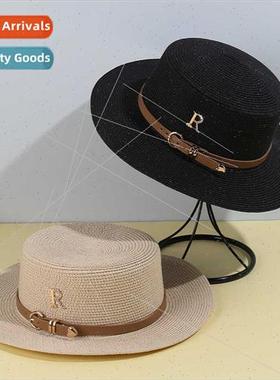 metal R letters leather strapped straw hat female casual fas